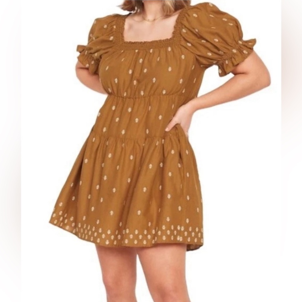 NWT Old Navy Floral Embroidered Mini Dress Puff Sleeve Light Brown Size XL